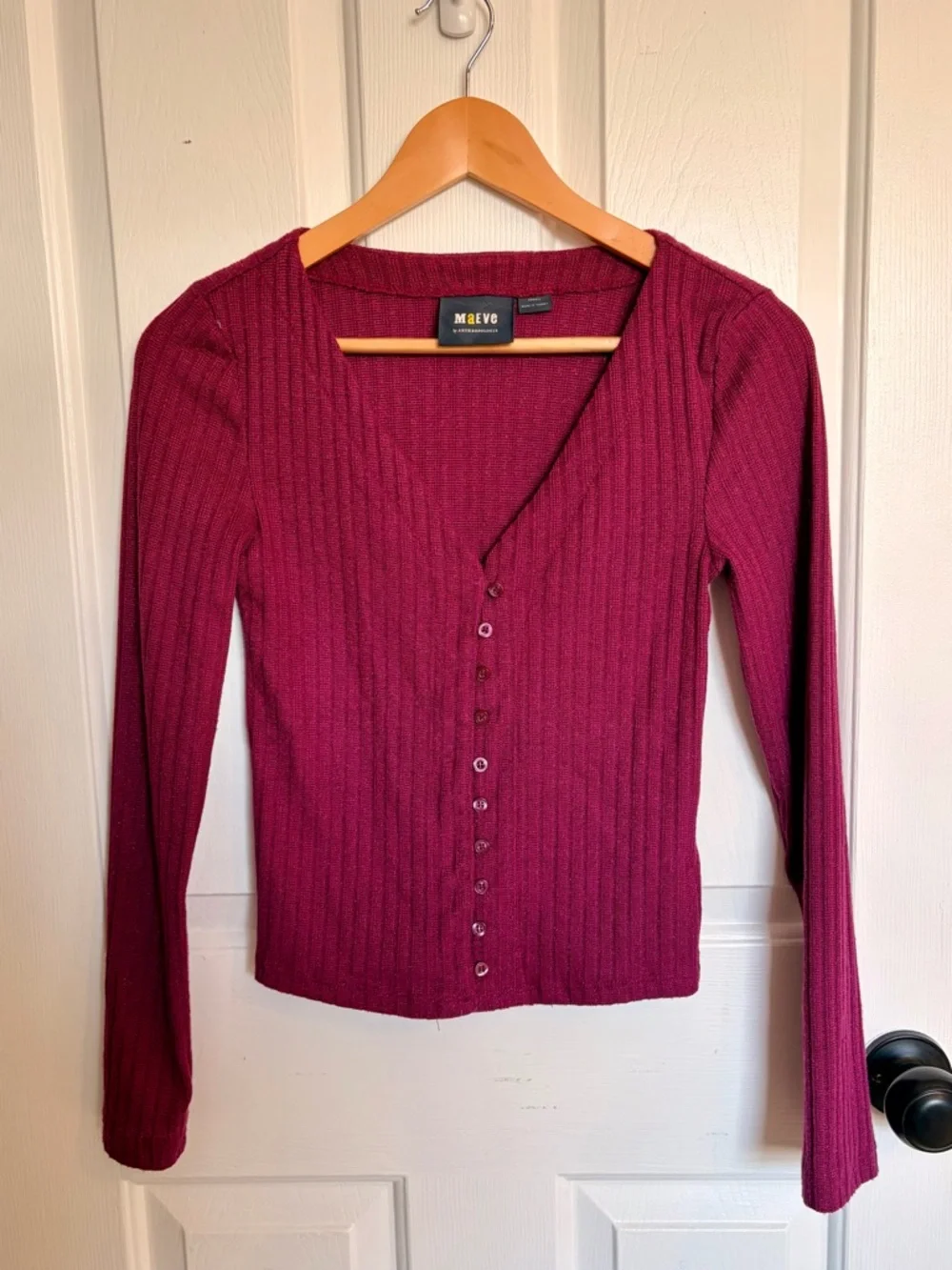 Maeve Deep Berry Ribbed Button-Down Cardigan - Picture 1 of 7